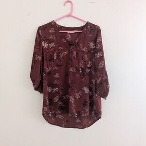 Maurices Maroon Floral V-Neck Blouse